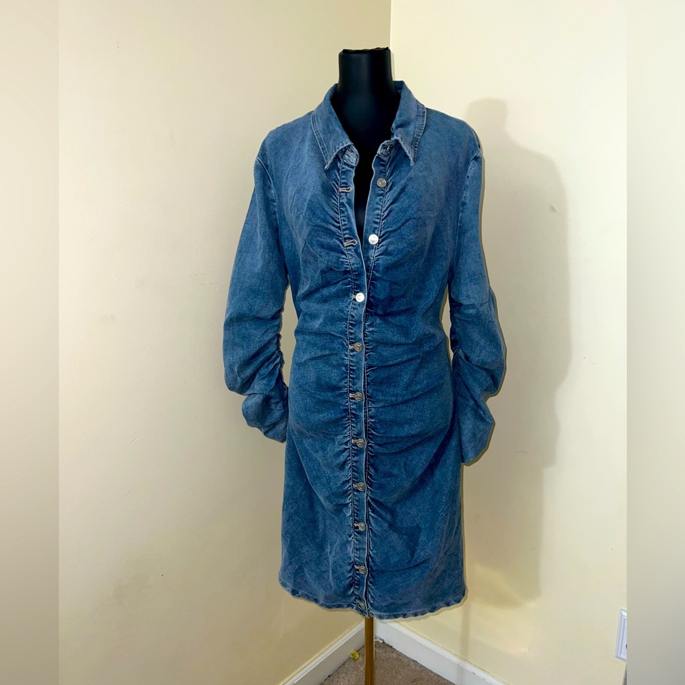 Denim Ruched button down long sleeved mini dress. NWT.